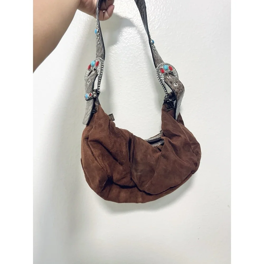 Western Brown Suede Hobo Purse Turquoise Concho Cowgirl Boho Shoulder Bag Y2K
